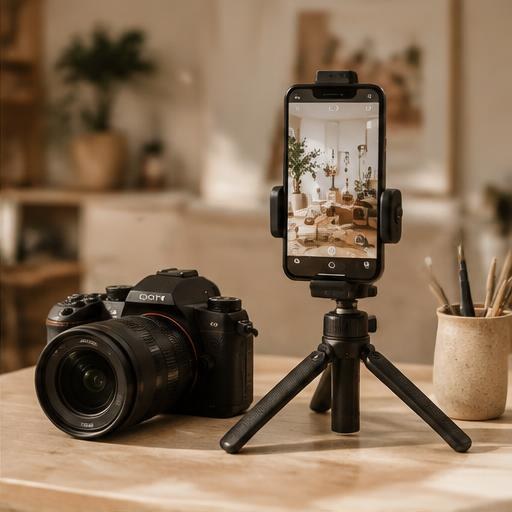 Videocamera e smartphone su treppiede per creare contenuti